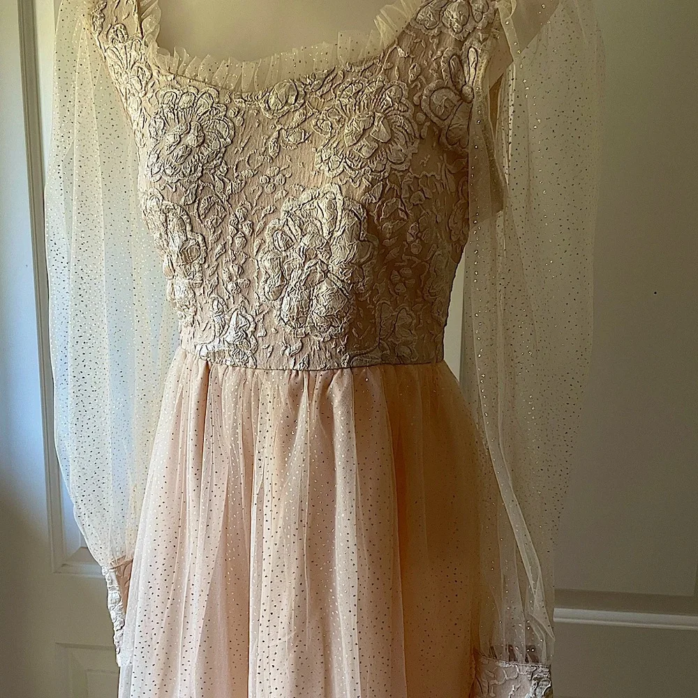 Beautiful Princess style blush color gown with sheer sleeves - Picture 6 of 14